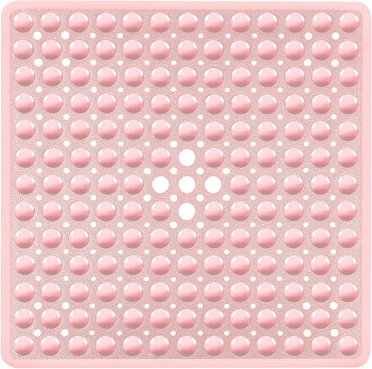 Pink Square Shower Bathtub Mat Non Slip 21x21 Inch, Soft Bath Mat for Inside Shower Tub, Shower Stall Mats for Bathroom Floor with Big Suction Cups Drain Holes, Easy Washable Dry, BPA-Free