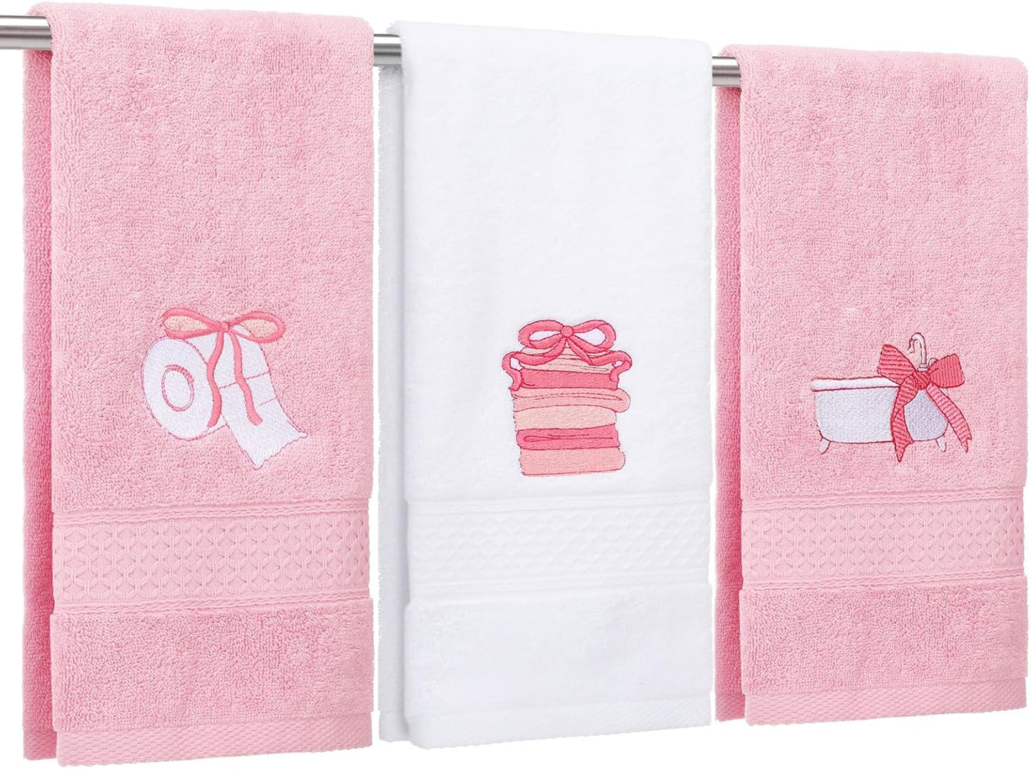 Breling 3 Pcs Bow Towels for Bathroom, Coquett Pink Bowknot Kitchen Hand Towels 100% Cotton Soft Embroidered Home Decoration for Birthday Bridal Shower Wedding Gifts 13.3 x 29 Inch