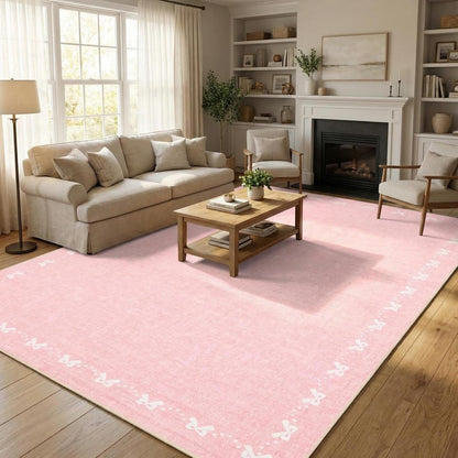 Garvee Bow Washable 8x10 Area Rugs for Living Room Non Slip Soft Pink Rugs for Grils Bedroom Low Pile Foldable Large Area Rug Stain Resistant Carpet for Nursery Dining Room Playroom, Pink