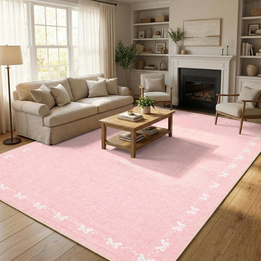Garvee Bow Washable 8x10 Area Rugs for Living Room Non Slip Soft Pink Rugs for Grils Bedroom Low Pile Foldable Large Area Rug Stain Resistant Carpet for Nursery Dining Room Playroom, Pink