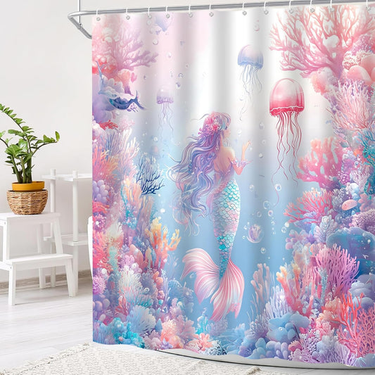 Pink Mermaid Shower Curtain Ocean Coral Reef Fish Seashell Jellyfish Watercolor Mermaid Tail Under The Sea Blue Nautical Coastal Underwater Bath Curtains with Hook,70x70 Inch