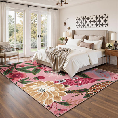 Tyrot Pink Boho Floral Living Room Rug, 5x7 Rug Washable Botanical Butterfly Area Rugs Flat Woven Ultra-Thin Non Slip Low Pile Carpet for Bedroom, Dining Room, Office, Kids Room