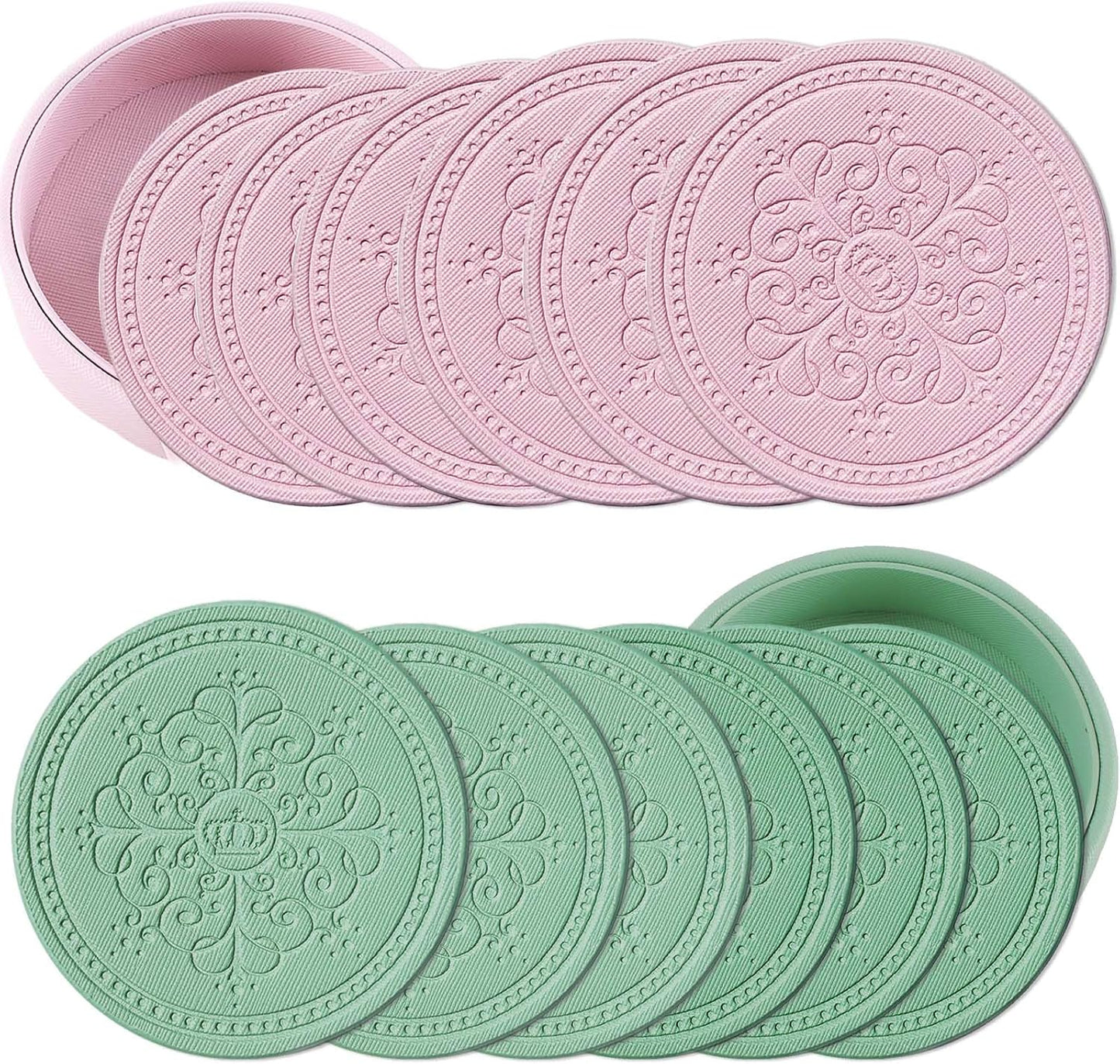 Coasters Set of 12 - (6 Pink and 6 Green) - PU Leather Coasters for Drinks with Holder - Handmade Round Drink Coasters Set for Home Decor and Housewarming Gift