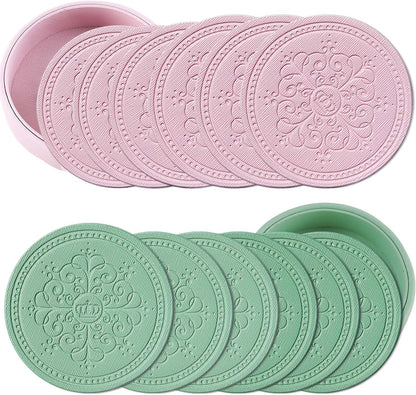 Coasters Set of 12 - (6 Pink and 6 Green) - PU Leather Coasters for Drinks with Holder - Handmade Round Drink Coasters Set for Home Decor and Housewarming Gift