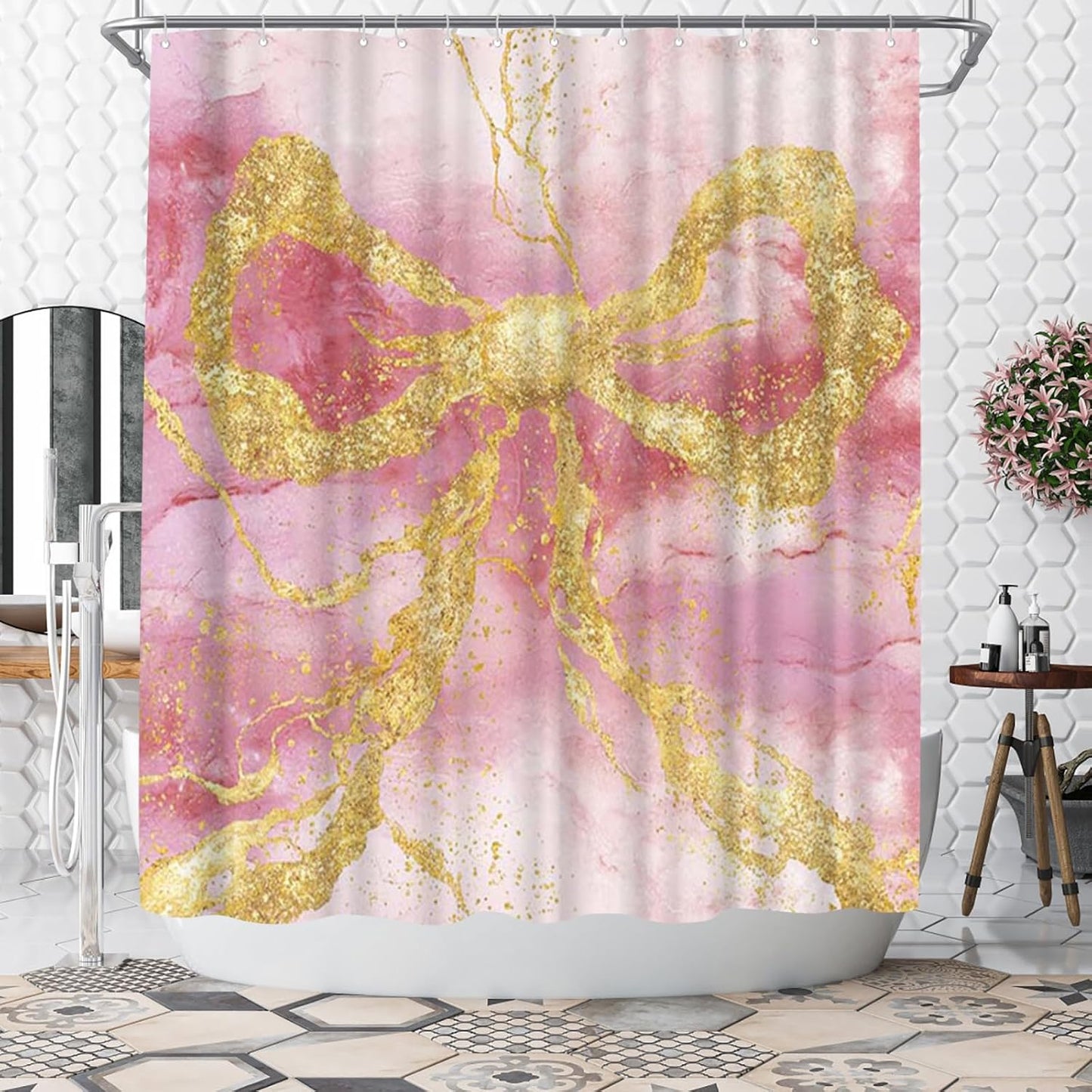 WELMECO Gold Bow Shower Curtain Modern Abstract Marble Shower Curtain 72x72inch Machine Washable Polyester Fabric with 12 Hooks Bathroom Decor (Pink)