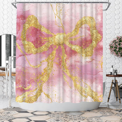 WELMECO Gold Bow Shower Curtain Modern Abstract Marble Shower Curtain 72x72inch Machine Washable Polyester Fabric with 12 Hooks Bathroom Decor (Pink)