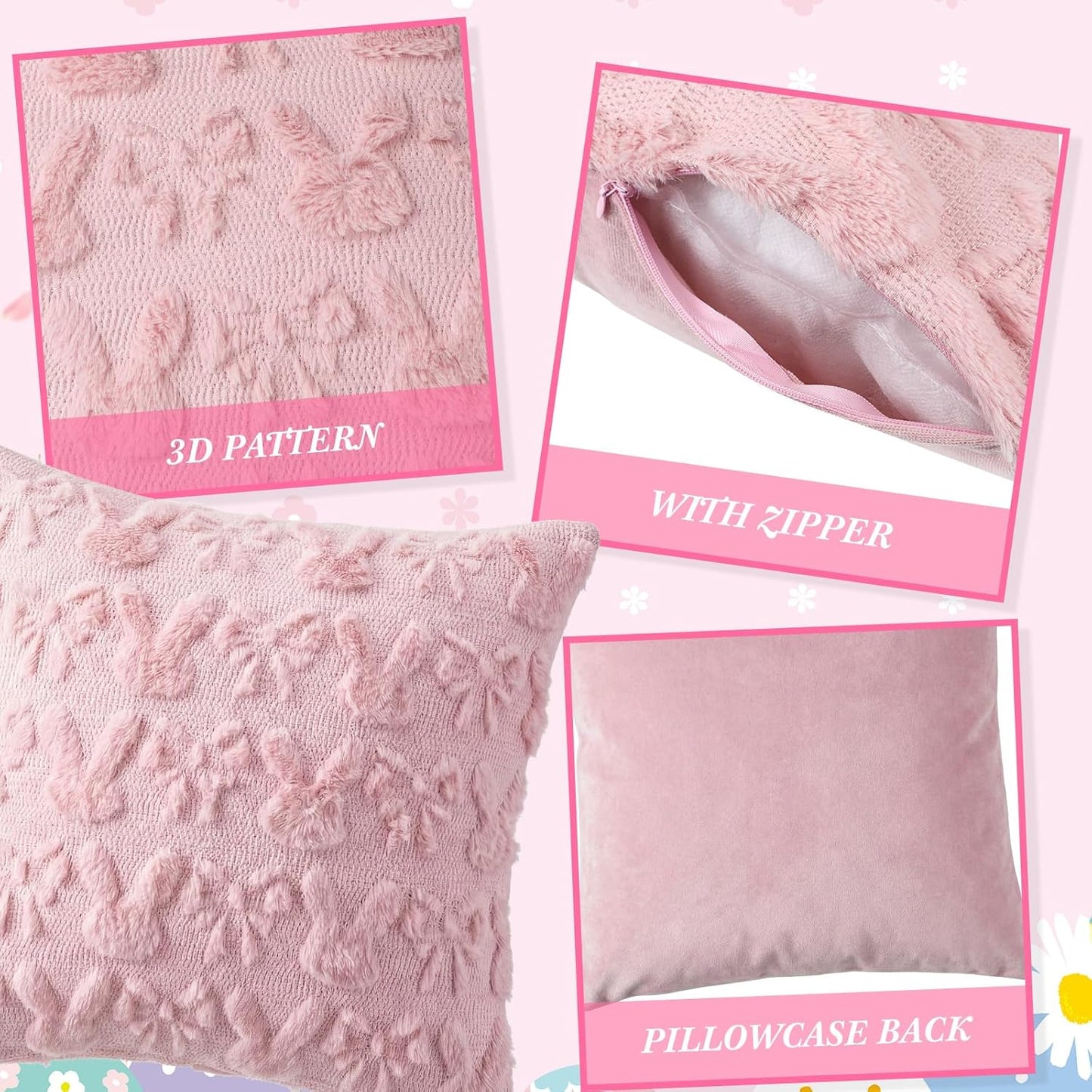 Moukeren Bow Pillow Covers 18x18 Inch Set of 4, Cute Bunnies & Bowknot Design, Soft Plush Coquette Room Decor, Fluffy Spring Decorative Pillowcases for Couch Bed Sofa Living Room(Light Pink)