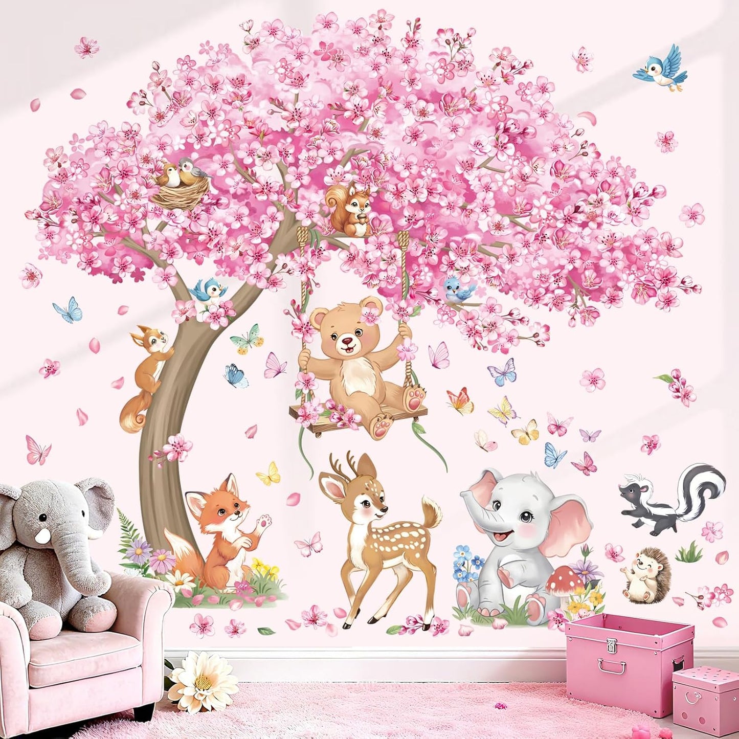 decalmile Large Cherry Blossom Tree Wall Stickers Woodland Animals Bear Deer Pink Flower Wall Decals Baby Nursery Kids Bedroom Living Room Home Decor