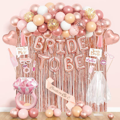 Amandir Bachelorette Party Decorations Supplies, Rose Gold Bridal Shower Decorations Bride Foil Ring To Be Sash Veil, Pink White Gold Heart Balloons Photo Booth Props Fringe Curtains Paper Tassel