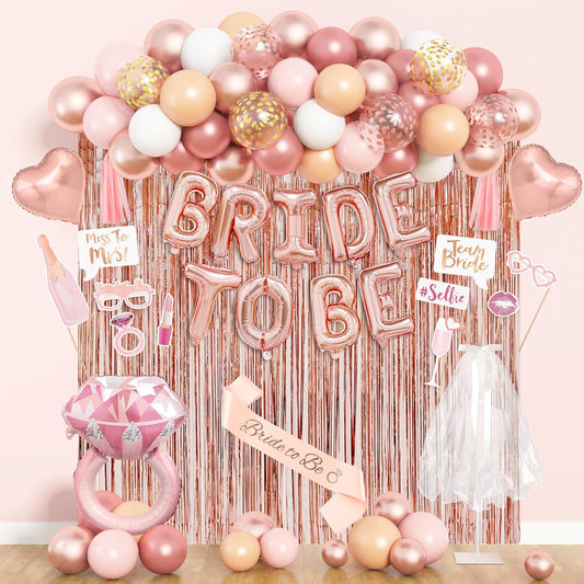 Amandir Bachelorette Party Decorations Supplies, Rose Gold Bridal Shower Decorations Bride Foil Ring To Be Sash Veil, Pink White Gold Heart Balloons Photo Booth Props Fringe Curtains Paper Tassel