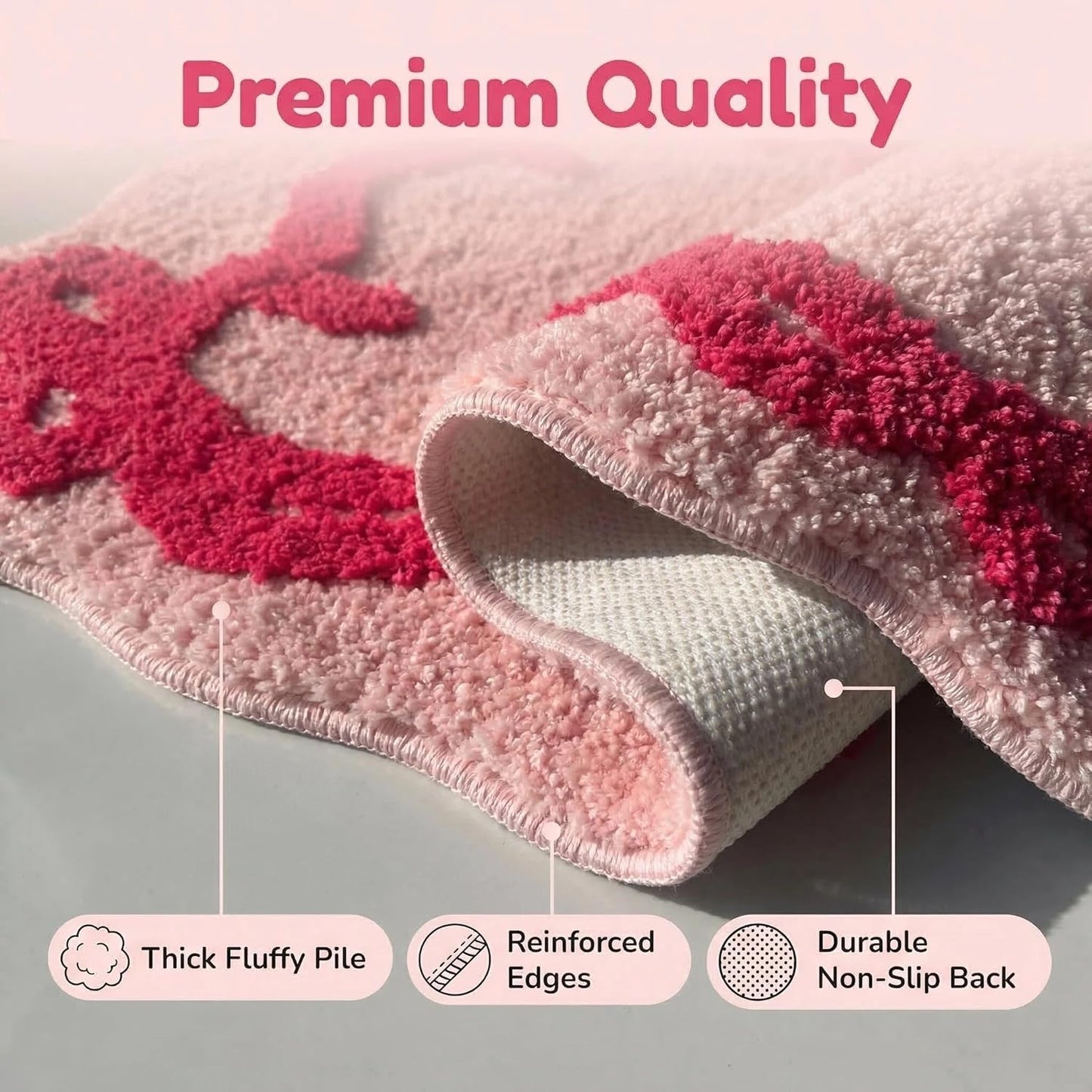 Pink Rose Bow Bath Mat Non Slip Scalloped Bedroom Girly Bow Bath Rug Cute Carpet Bathroom Decor Microfiber Absorbent Bath Rug for Bathtub Shower (Pink-Rose, 31" x 20")