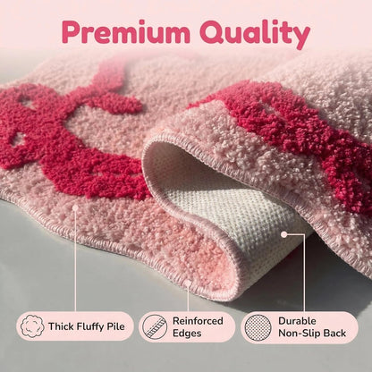 Pink Rose Bow Bath Mat Non Slip Scalloped Bedroom Girly Bow Bath Rug Cute Carpet Bathroom Decor Microfiber Absorbent Bath Rug for Bathtub Shower (Pink-Rose, 31" x 20")