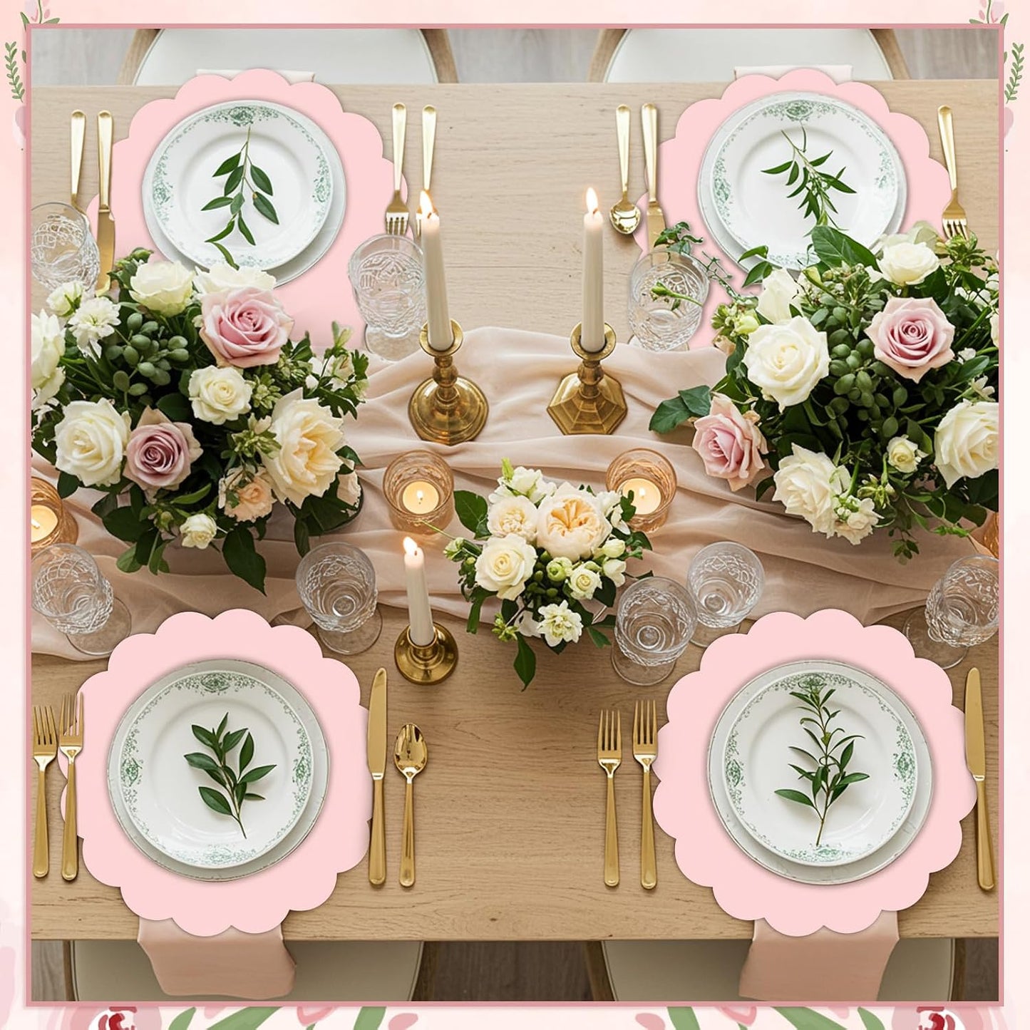 60 Pcs Light Pink Paper Placemats, 13.5 Inch Disposable Scalloped Placemat Round Table Place Mats Decorative Paper for Girls Birthday Wedding Bridal Shower Baby Shower Banquet Tea Party
