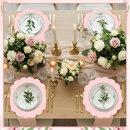 60 Pcs Light Pink Paper Placemats, 13.5 Inch Disposable Scalloped Placemat Round Table Place Mats Decorative Paper for Girls Birthday Wedding Bridal Shower Baby Shower Banquet Tea Party
