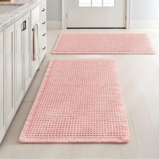 MIULEE Set of 2 Waffle Bathroom Rugs, Boho Bath Rugs Non Slip Washable, Super Absorbent Bath Mats, Ultra Soft Rubber Backed Shower Mats for Bathroom Floor, Tub and Shower, Pink, 18x30 Inch