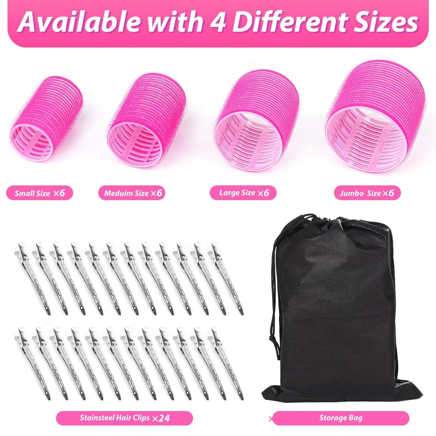 shynek Hair Rollers 48 Pcs Set, 24Pcs Hair Rollers 4 Sizes and 24 Pcs Hair Clips for Long Medium Short Hair (Pink)