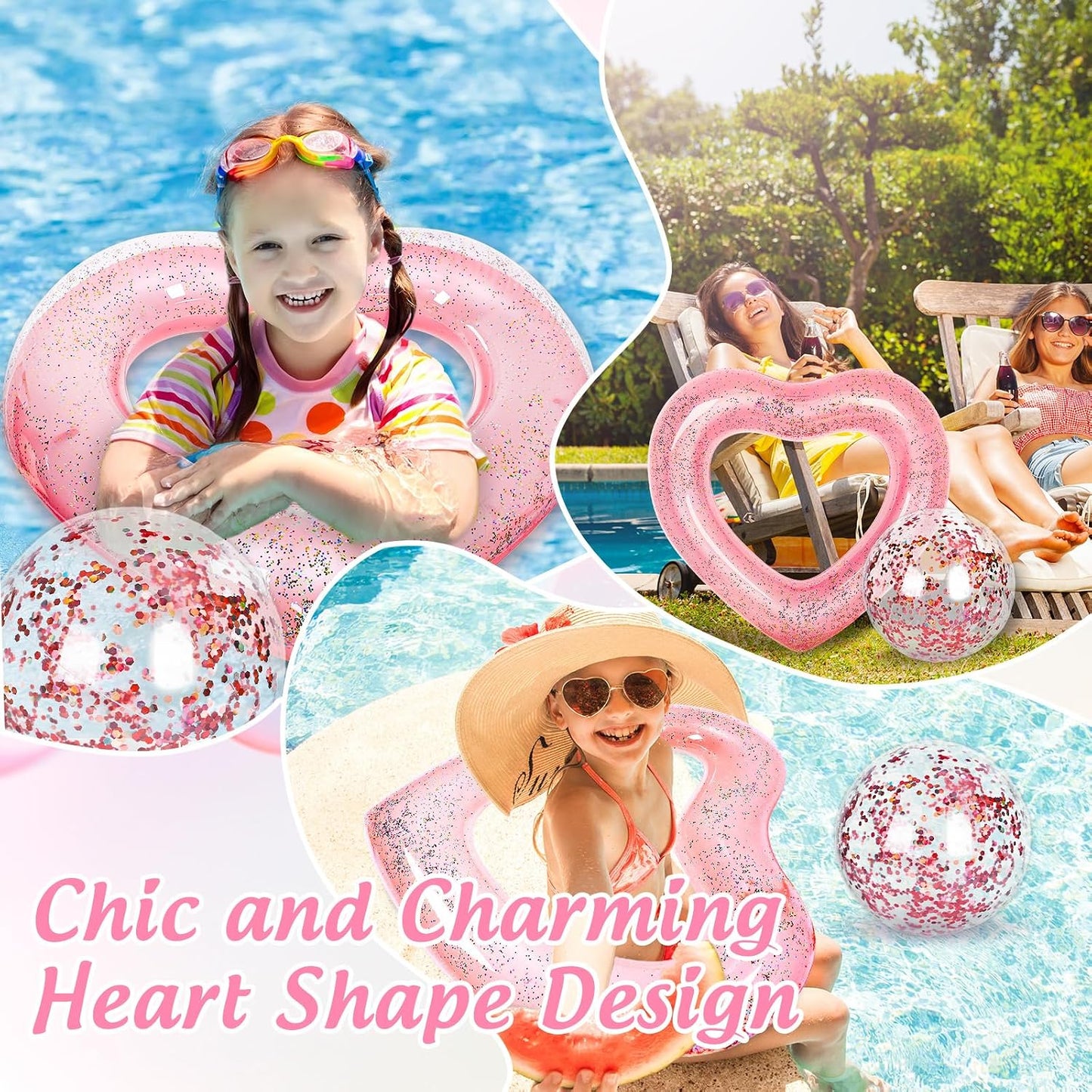 JarThenaAMCS 4Pcs Inflatable Heart Pool Float with Beach Ball Glitter Inside Rose Gold Swim Heart Shaped Pool Rings Float Loungers Tube for Summer Swimming Beach, 47.3 x 39.4 Inch