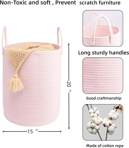 Woven Cotton Rope Laundry basket-15”X20” Laundry Hamper-Rope Storage Basket for Dirty Clothes, Toys and Blankets Perfect for Bathroom, Baby nursery and Living Room Storage (pink)