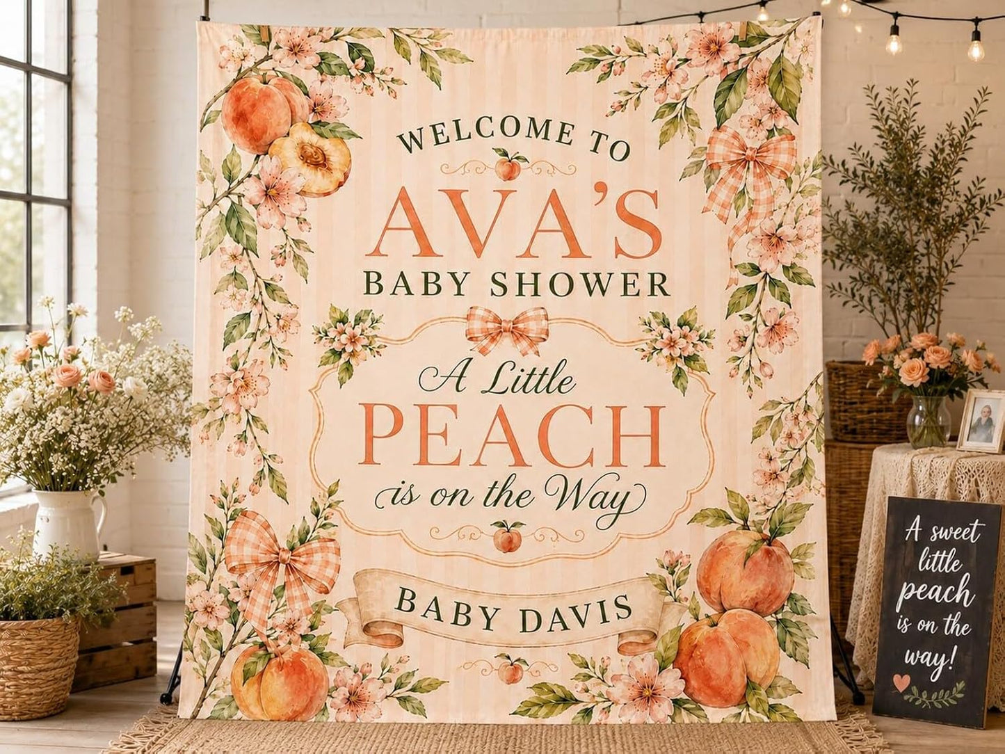 Personalized A Little Peach Is On The Way Baby Shower Banner, Custom Peach Theme Welcome Sign, Floral Baby Girl Shower Decorations, Sweet Baby Shower Banner