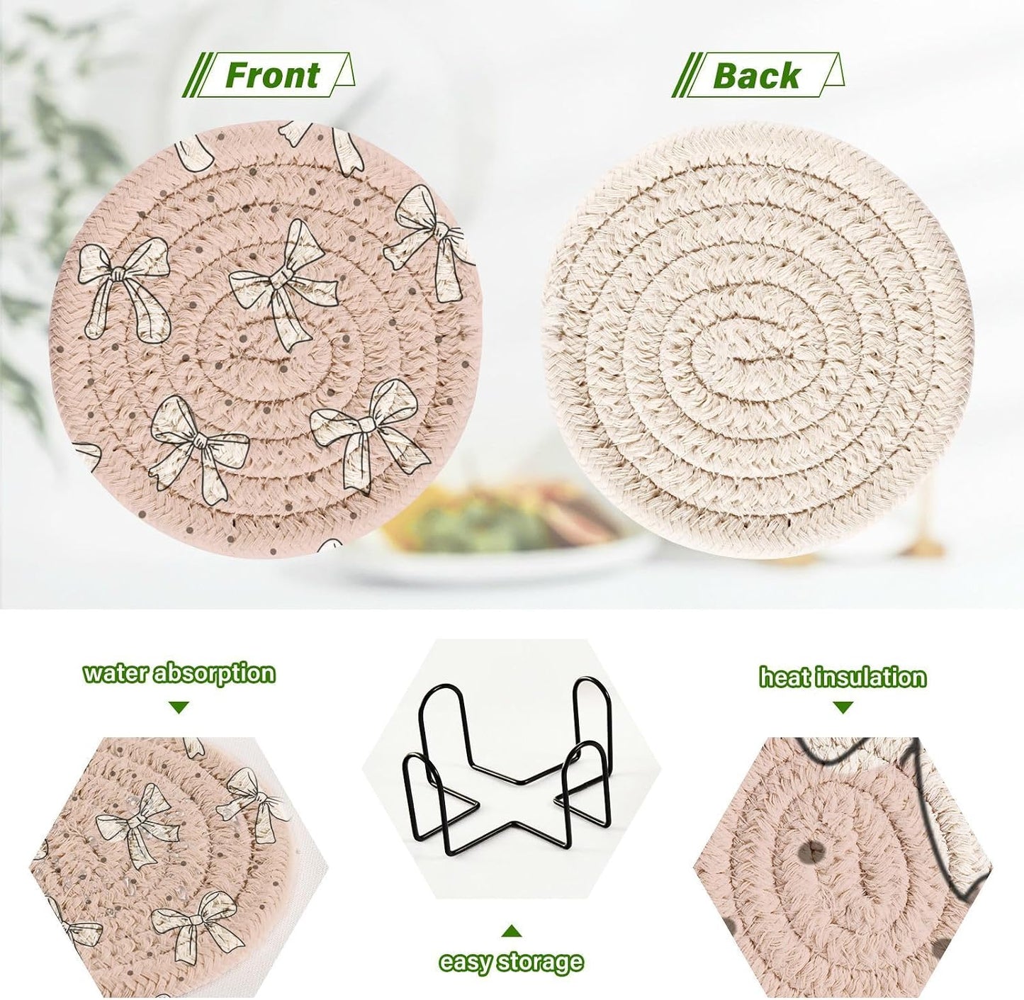 Bar Coasters for Drink with Holder Cute Bow Light Pink Coaster Set of 6 Cotton Woven Coaster for Coffee Table, Bistro Tabletop,Kitchen Home Decor
