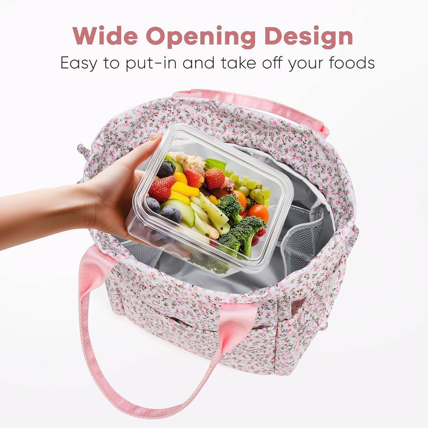 Yarnic Lunch Bag Women Insulated Lunch Bags,Cute Floral Reusable Lunch Box Stain-Resistant Lunchbox with Water Bottle Holder for Adult (Pink Flower)