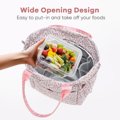 Yarnic Lunch Bag Women Insulated Lunch Bags,Cute Floral Reusable Lunch Box Stain-Resistant Lunchbox with Water Bottle Holder for Adult (Pink Flower)