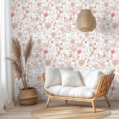 VEELIKE Soft Pastel Pink Floral Wallpaper Stick and Peel Boho Floral Peel and Stick Wallpaper for Bathroom Girls Room Nursery 17.7''x354'' Removable Prepasted Wallpaper Floral Contact Paper for Walls