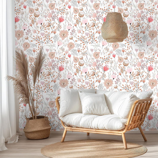 VEELIKE Soft Pastel Pink Floral Wallpaper Stick and Peel Boho Floral Peel and Stick Wallpaper for Bathroom Girls Room Nursery 17.7''x354'' Removable Prepasted Wallpaper Floral Contact Paper for Walls