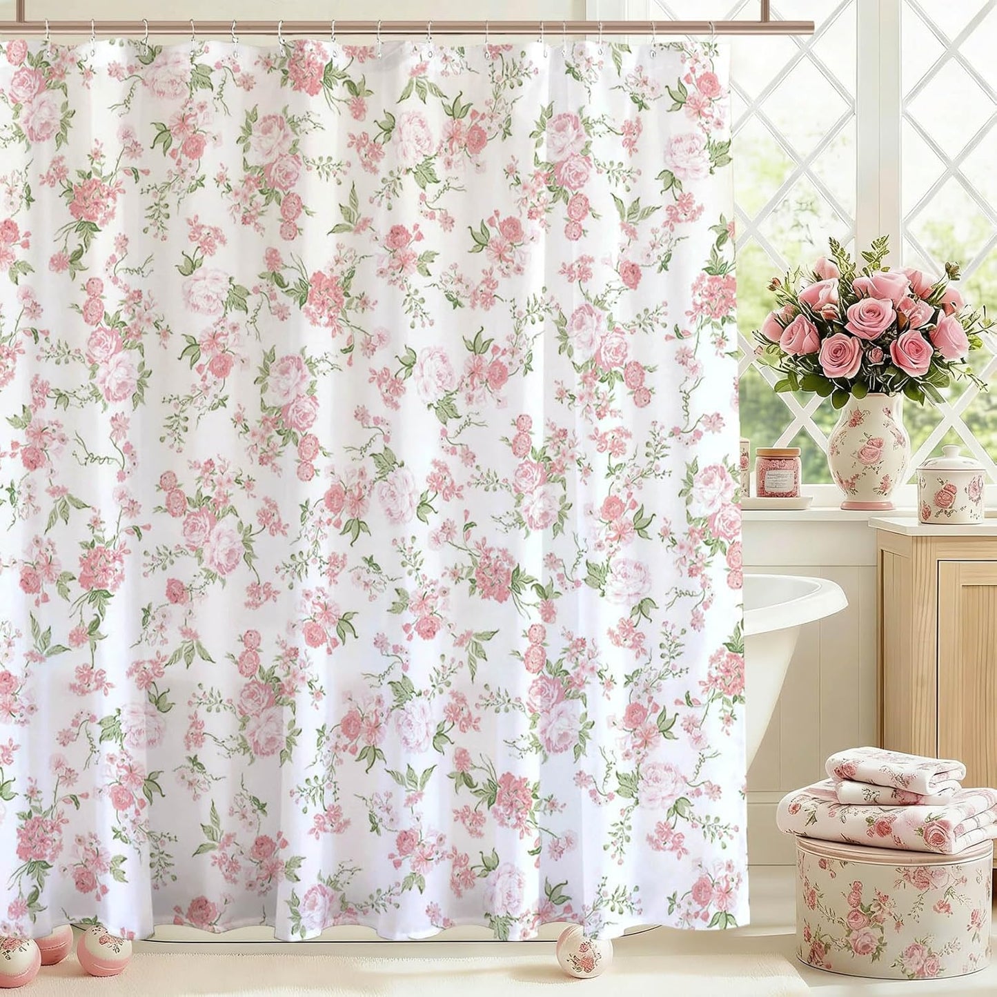 Mocsicka Floral Shower Curtain Pink Flowers Bathroom Shower Curtain Spring Pink Floral Waterproof Fabric Shower Curtains Bathtub Decor with 12 Hooks 72 X 72 Inch (Pink)