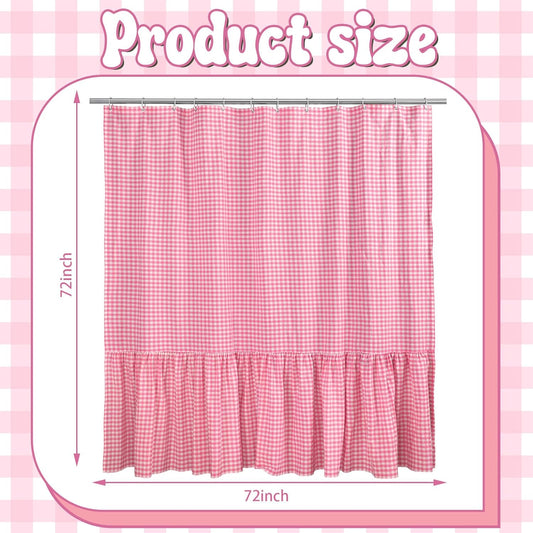 HunnmingRe Ruffle Hem Gingham Shower Curtain 72 x 72 Inch Pink Cotton Vintage Farmhouse Rural Plaid Shower Curtain with 12 Hooks for Bathroom Bathtubs Decor