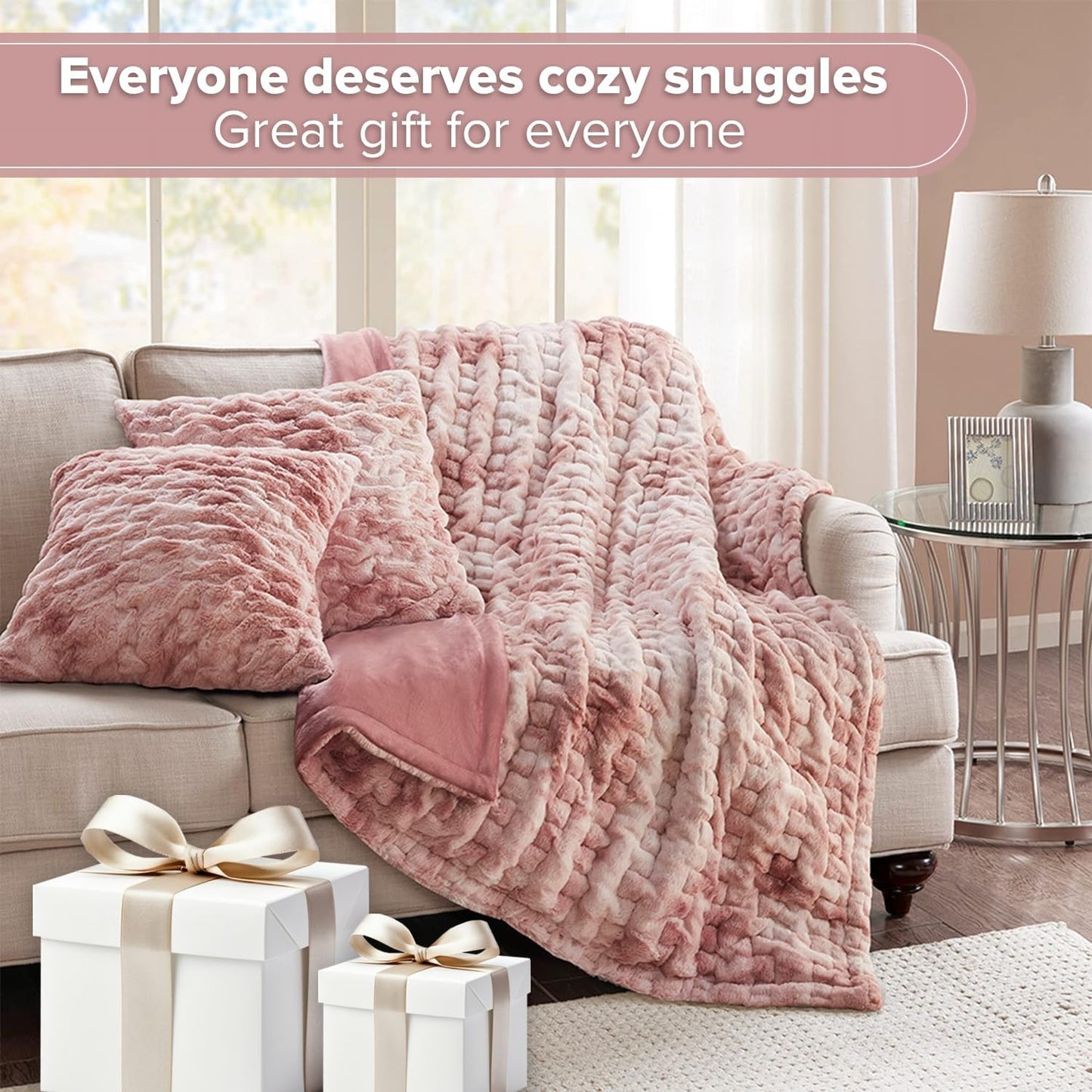 Comfort Spaces Ruched Faux Fur Plush Throw Blanket and Pillow Set with 2 Matching Square Pillow Covers Sofa Throw Blanket for Living Room, Chair, Couch, Home Office Fuzzy Soft Blush Tie Dye 50"x 60"