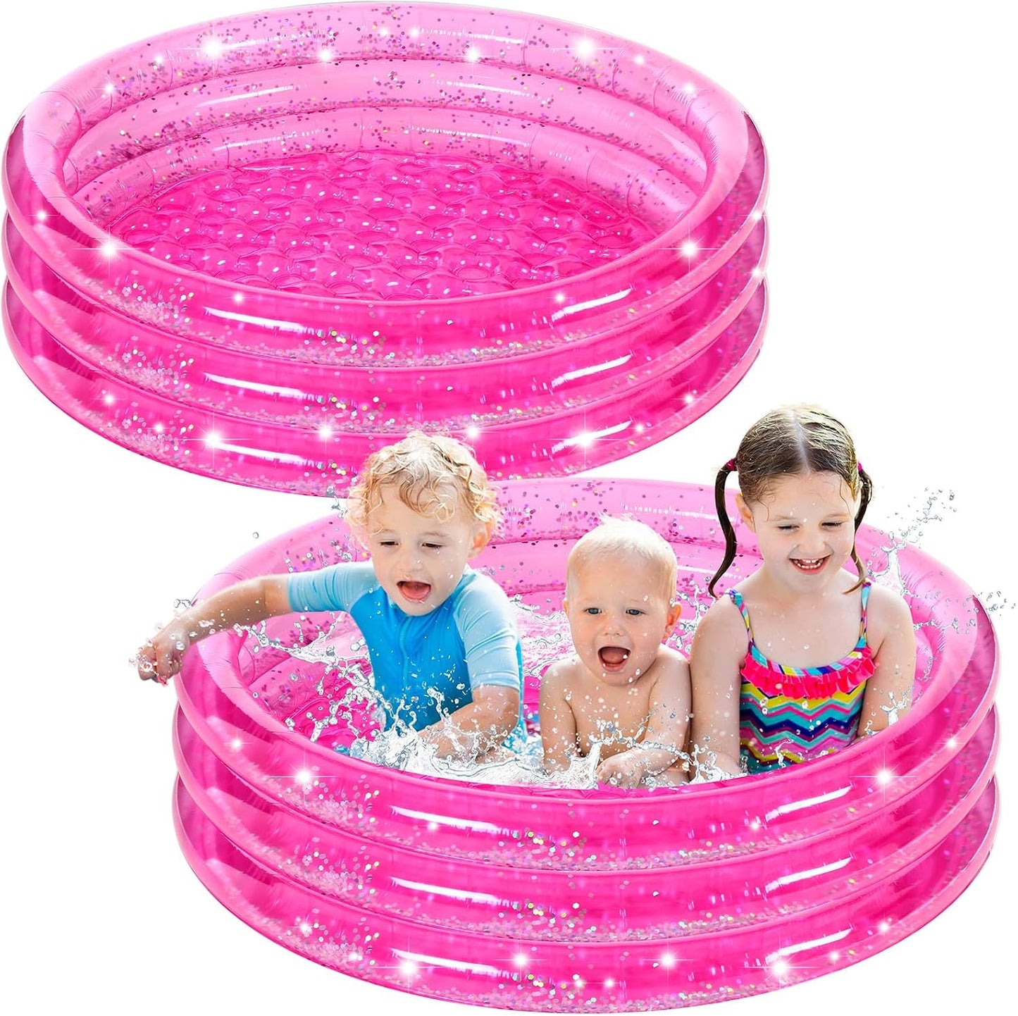 Arrowbash 2 Pack Pink Inflatable Pool, 47 Inch Round 3 Ring Design with Silver Glitter and Cushioned Bottom, Easy Drain, Soft Padded Comfort for Kids Toddlers Backyard Fun