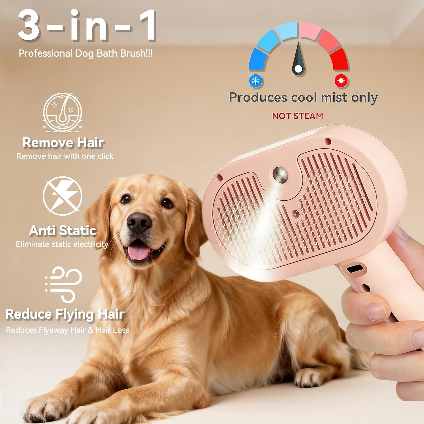 Dog Steam Brush 3-in-1 Spray Bath Brush for Dog and Cat, Pet Hair Removal Comb for Long & Short Haired Pets, Self Cleaning Grooming Brush Can Help to Comb a Pet's Fur and Remove Fleas Pink