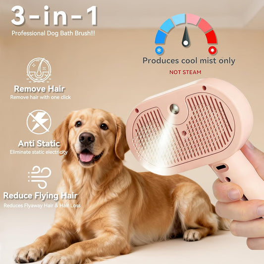 Dog Steam Brush 3-in-1 Spray Bath Brush for Dog and Cat, Pet Hair Removal Comb for Long & Short Haired Pets, Self Cleaning Grooming Brush Can Help to Comb a Pet's Fur and Remove Fleas Pink