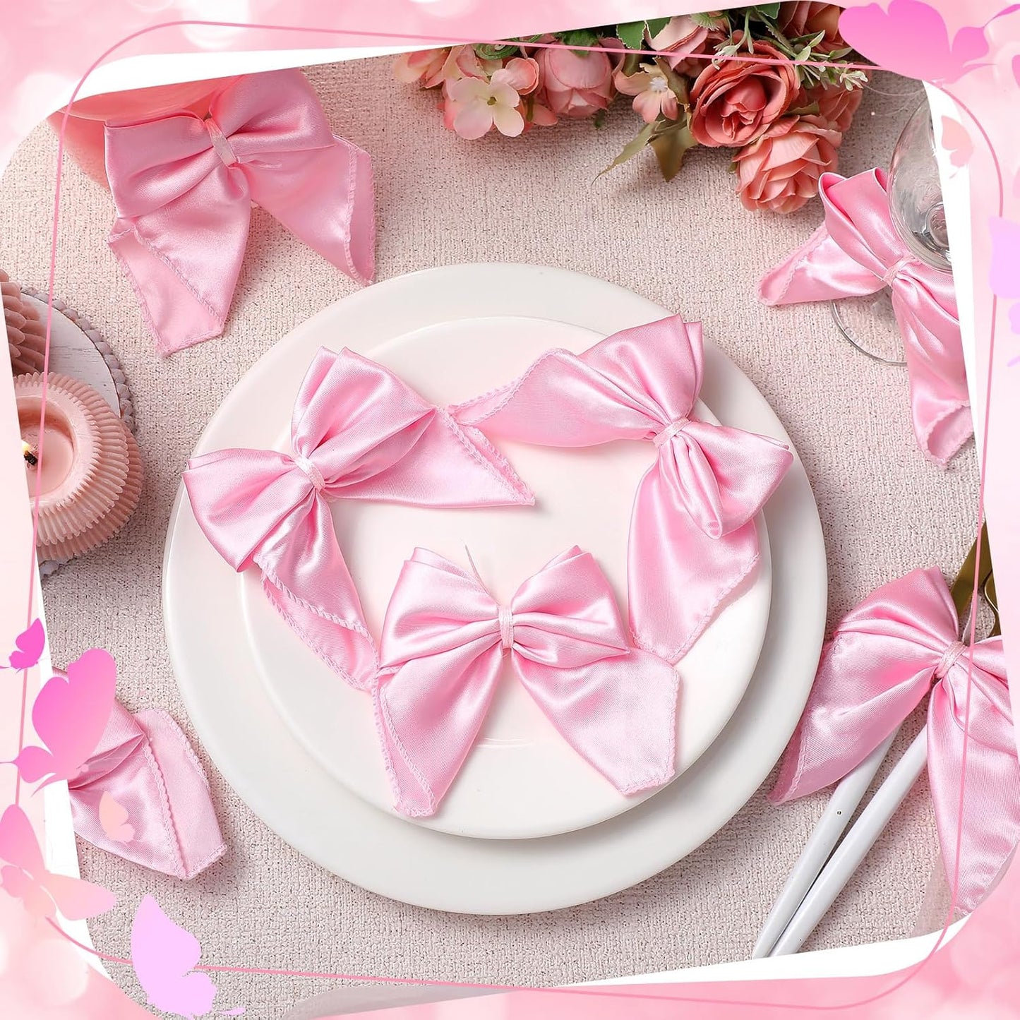 Hahafelt 50 Pcs Pink Bow Napkin Rings Bow Satin Napkins Decors for Girls Women 5 x 5 Inch Coquette Silky Table Decors Bows Theme Party Supplies for Wedding Banquet Birthday Baby Shower Table Decor