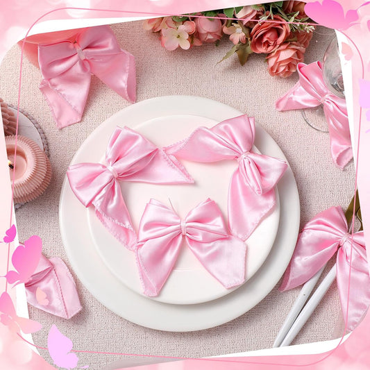 Hahafelt 50 Pcs Pink Bow Napkin Rings Bow Satin Napkins Decors for Girls Women 5 x 5 Inch Coquette Silky Table Decors Bows Theme Party Supplies for Wedding Banquet Birthday Baby Shower Table Decor