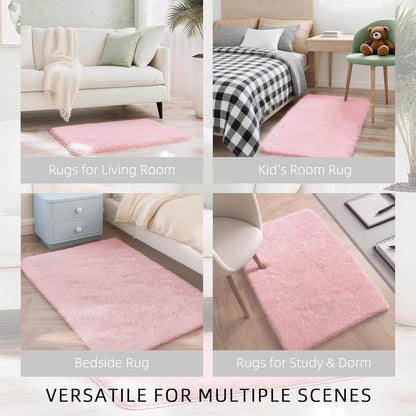 Shag Pink Small Rug 2x3 Area Rugs for Bedroom Dorm Bedside Living Room, Non-Slip Ultra Fluffy Soft Area Rugs for Entry, Kids Room, Study, Office, Playroom, Modern Small Carpet Décor