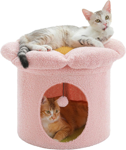 PETEPELA Cat Beds for Indoor Cats, Small Cute Cat Tree House with Removable Flower Cat Bed, Cat Hideaway, Indoor Cat House Condo, Cat Accessories, 20X20X16 Inches, Pink