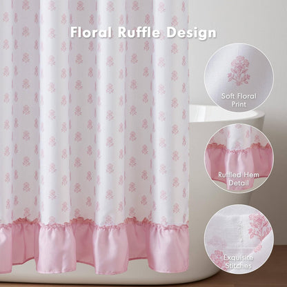 Intelligent Design Savanna Floral Ruffle Shower Curtain Set with 12 Ball Hooks, 72 x 72, Water Repellent Oeko-Tex Bathroom Curtains Dorm Room Essentials Bath Decor Pink