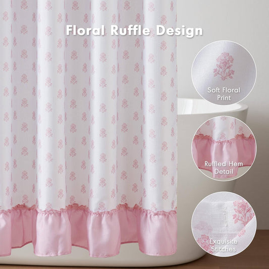 Intelligent Design Savanna Floral Ruffle Shower Curtain Set with 12 Ball Hooks, 72 x 72, Water Repellent Oeko-Tex Bathroom Curtains Dorm Room Essentials Bath Decor Pink