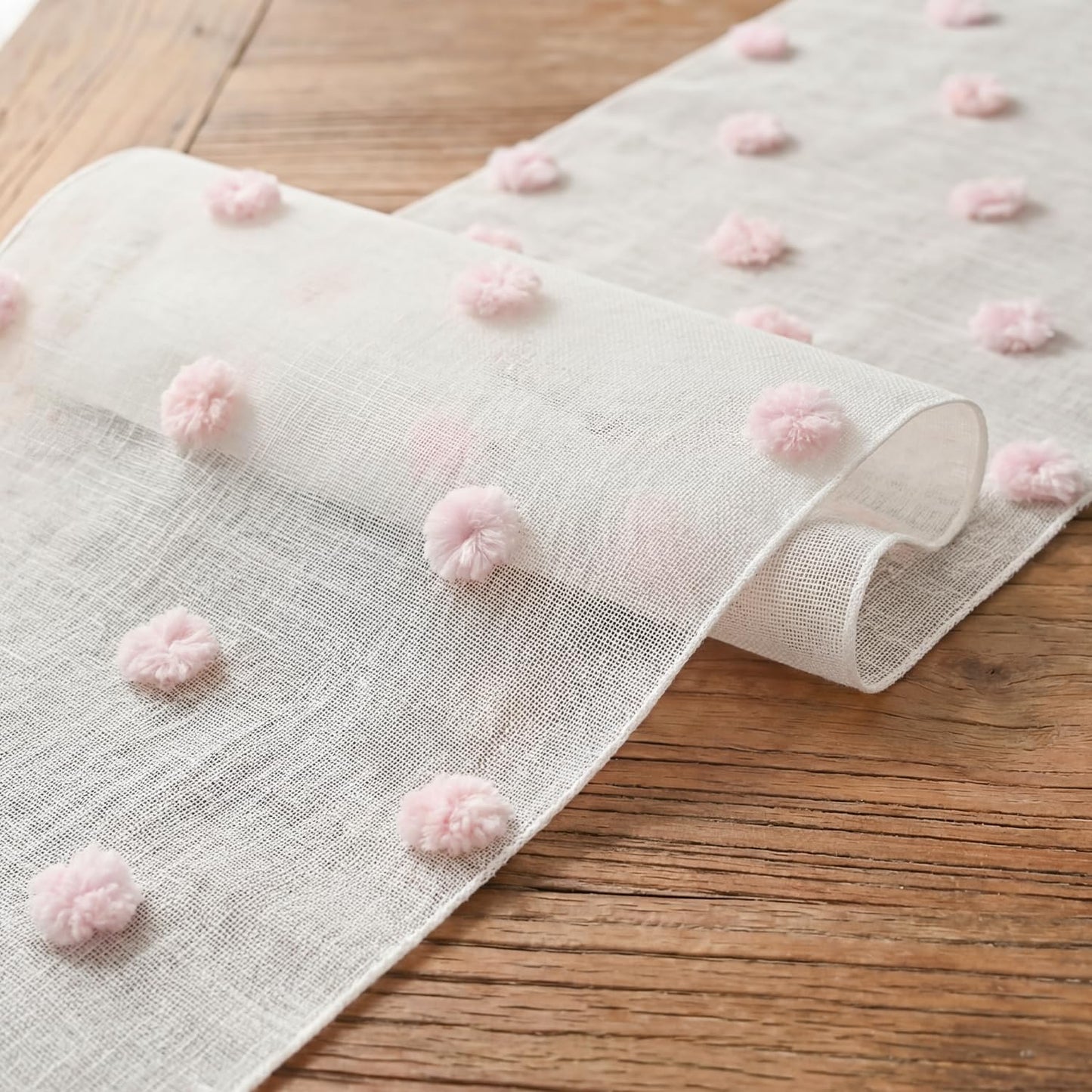 Artoid Mode Pink Pom Pom Tulle Table Runner, Seasonal Washable Kitchen Dining Table Decoration for Home Party Decor 12x72 Inch