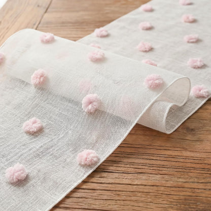 Artoid Mode Pink Pom Pom Tulle Table Runner, Seasonal Washable Kitchen Dining Table Decoration for Home Party Decor 12x72 Inch