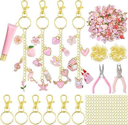 PYURTHITY 254 Pcs Pink Charms Lip Gloss Keychain Making Kit with Enamel Bag Charms, Keychain Hooks, Chains, Jump Rings, Plier, Spring Pink Jewelry Making Kit Supplies for DIY Craft Gifts