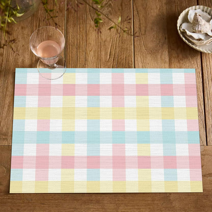 Artoid Mode Buffalo Plaid Vinyl Easter Placemats Set of 4, 12x18 Inch Washable Non-Slip Heat Resistant Plastic Place Mats for Party Dining Table, Pink/Blue