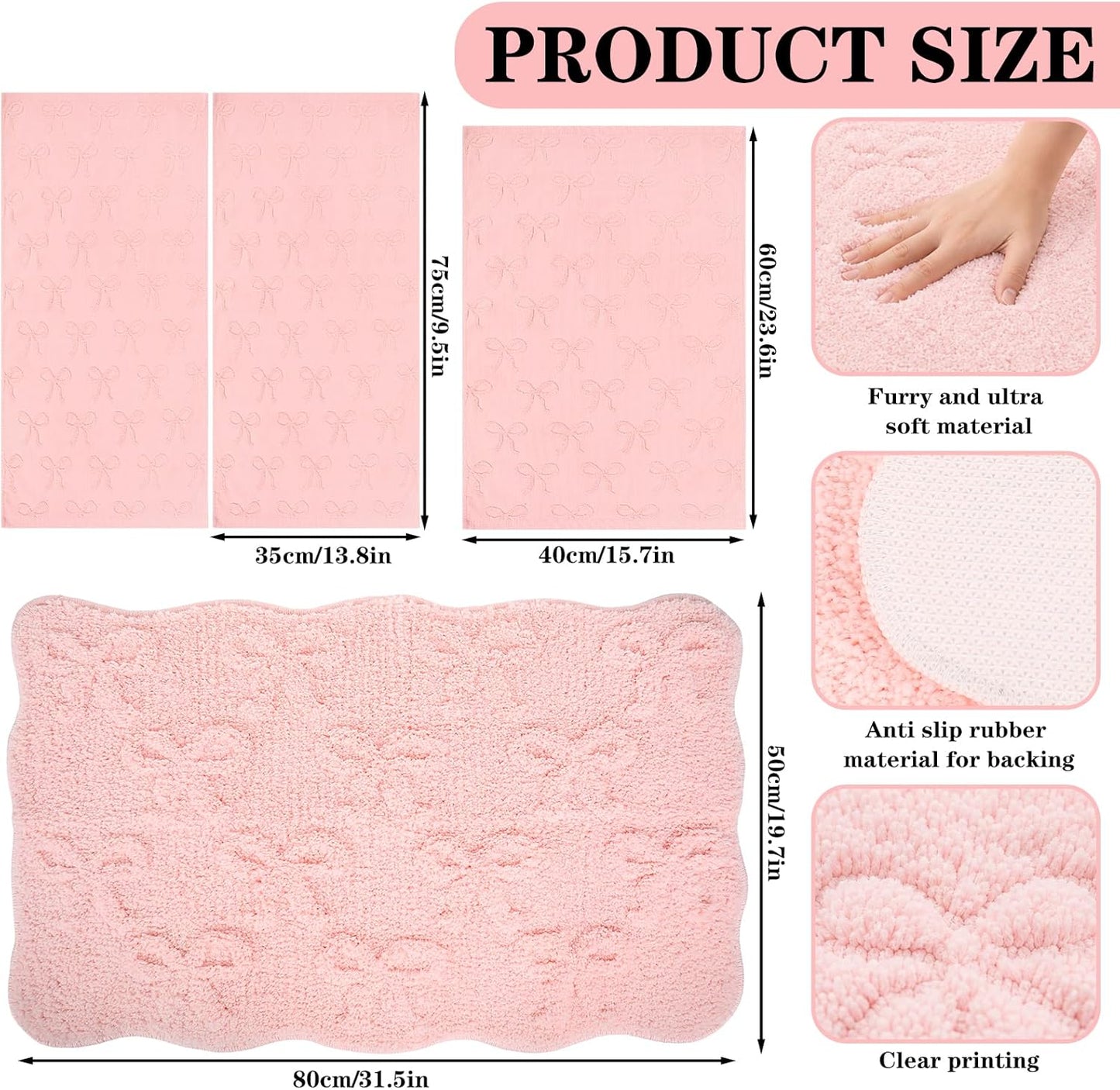 JarThenaAMCS 4Pcs 3D Pink Bow Bathroom Rug Set Soft Absorbent Jacquard Bath Towel Hand Towels Non-Slip Bath Mat for Coquette Home Hotel Shower Accessories Decor
