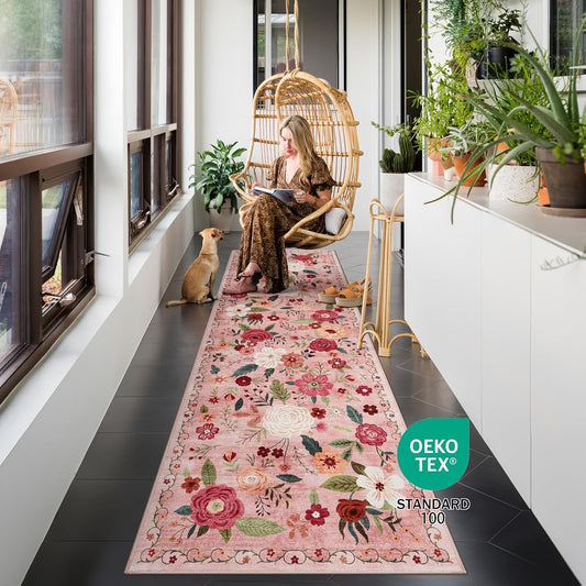2x6 Machine Washable Runner Rug, Kitchen Hallway Area Rug Dark Pink Vintage Boho Floral Non-Slip Low Pile Soft Faux Wool Carpet Kids and Pets Friendly for Bedroom Entryway Nursery Home Decor Rug