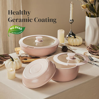 Redchef Ceramic Cookware Set, Removable Handle Pots and Pans Non-Stick, Rv Cookware Set, Non-Toxic Pots and Pans Set No PFAS, PTFE, PFOA, Detachable Pots and Pans, Dishwasher & Oven Safe (Pink)