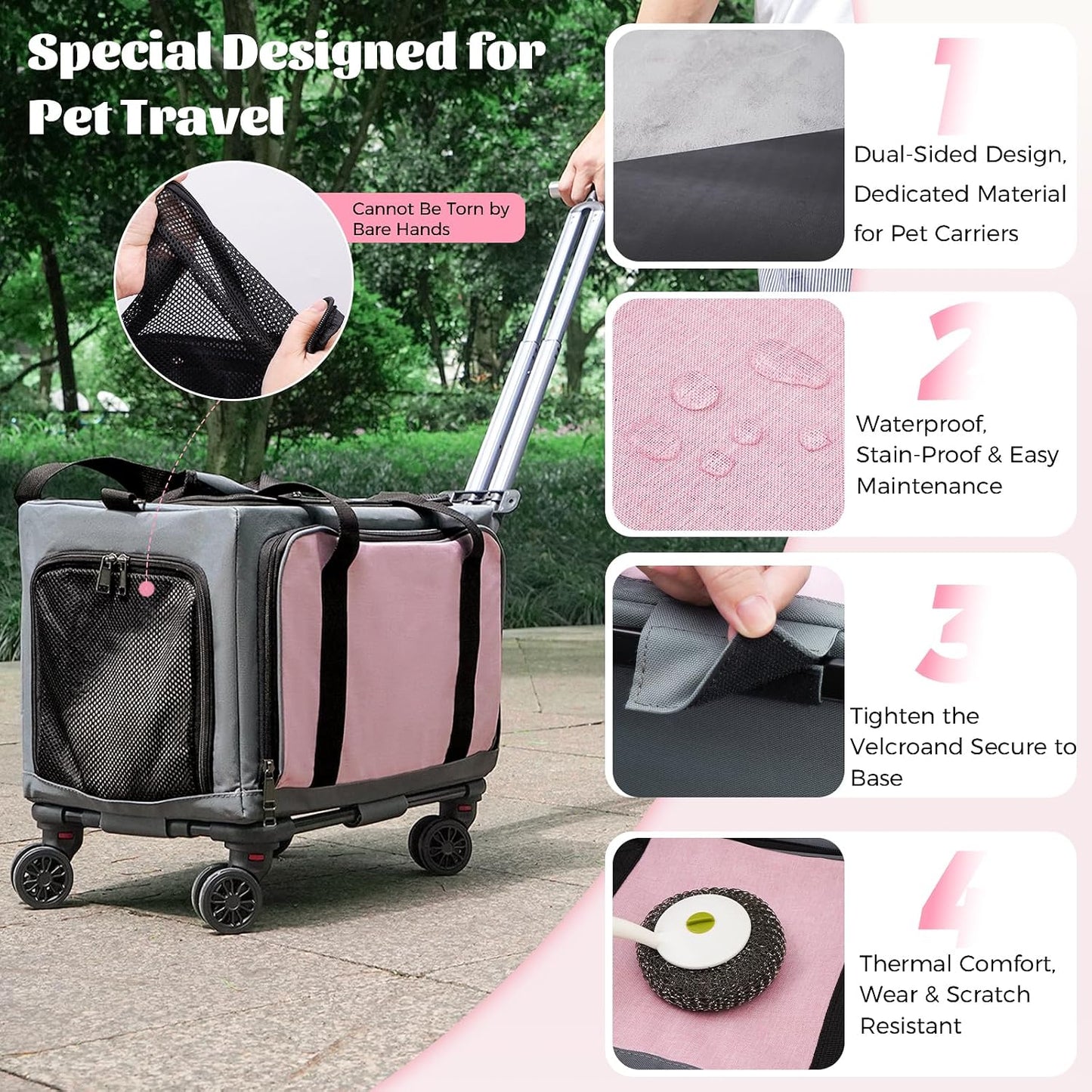 3-Sided Expandable Rolling Pet Carrier with Wheels, Small Cat Dog Travel Carrier, Foldable Portable Bag Grey Pink for Travel Camping Vet Outdoor Indoor Use