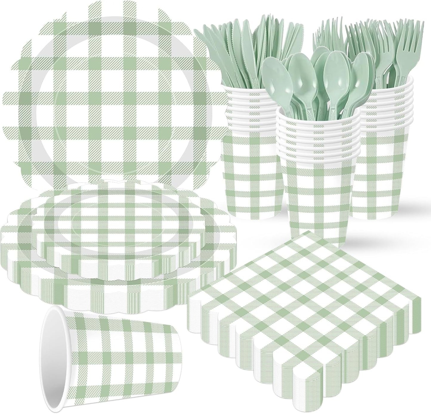 350 PCS Sage Green Gingham Party Supplies,Pink Gingham Birthday Party Set with 9" & 7" Gingham Plates, Napkins, Forks, Knives, Spoons,Perfect for Baby Shower Decorations,Wedding, Outdoor Picnic