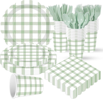 350 PCS Sage Green Gingham Party Supplies,Pink Gingham Birthday Party Set with 9" & 7" Gingham Plates, Napkins, Forks, Knives, Spoons,Perfect for Baby Shower Decorations,Wedding, Outdoor Picnic